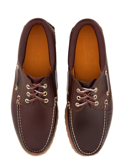 Timberland Authentic Brown Loafers With Embossed Logo On The Side In Leather Man In Burgundy