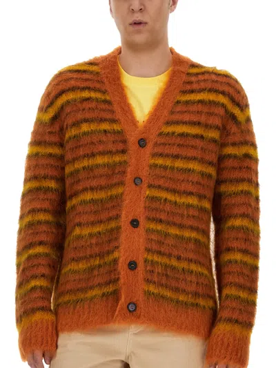 Marni Striped Mohair-blend Cardigan In Brown