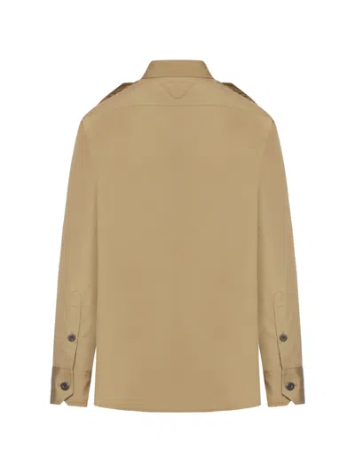 Prada Cotton Poplin Shirt Tailored Collar Button Epaulettes In Brown