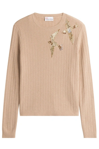 Red Valentino Ribbed Knit Pullover With Bird Embroidery