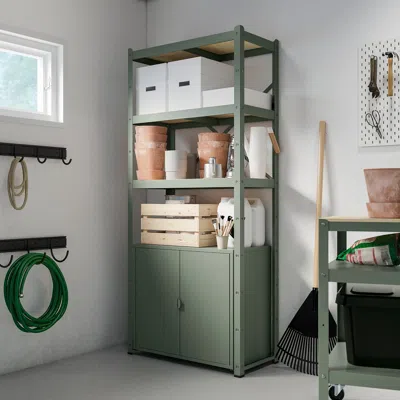 Ikea Bror Shelving Unit With Cabinet, Gray-green/pine Plywood, 33 1 ...