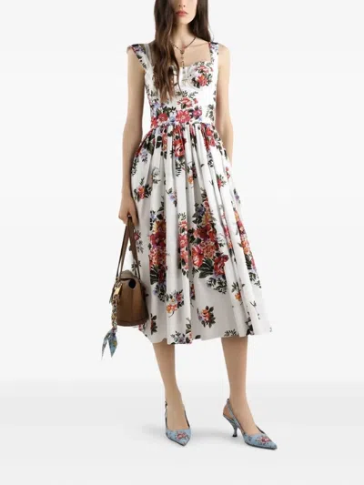 Dolce & Gabbana White Cotton Midi Dress With Floral Print Dolce E Gabbana In Multi