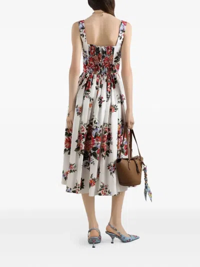 Dolce & Gabbana White Cotton Midi Dress With Floral Print Dolce E Gabbana In Multi