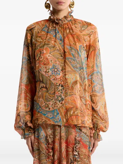 Etro Sheer Chiffon Shirt Paisley Ruffle Neckline In Multi