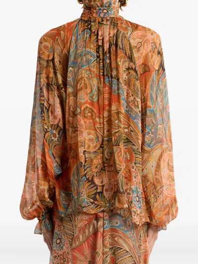 Etro Sheer Chiffon Shirt Paisley Ruffle Neckline In Multi