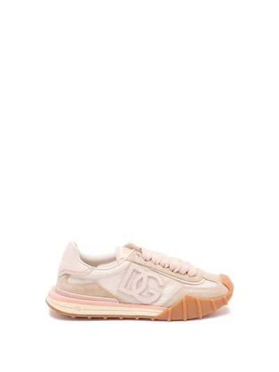 Dolce & Gabbana Dg Athletic Sneakers In Ivory And Pink Fabric And Leather In Multi