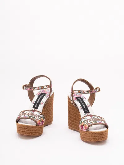 Dolce & Gabbana Leather-trimmed Embroidered Canvas Platform Wedge Sandals In Brown