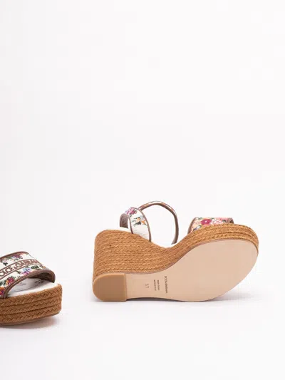 Dolce & Gabbana Leather-trimmed Embroidered Canvas Platform Wedge Sandals In Brown