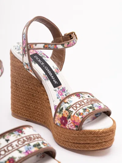 Dolce & Gabbana Leather-trimmed Embroidered Canvas Platform Wedge Sandals In Brown