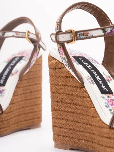 Dolce & Gabbana Leather-trimmed Embroidered Canvas Platform Wedge Sandals In Brown