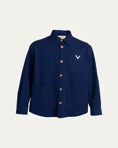 Valentino Cotton Gabardine Shirt Jacket With Vgold In Blue