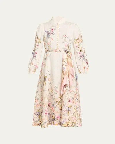 Zimmermann Rebellion Multicolor Midi Dress With Bow Detail On The Front And All-over Floral Print In Linen Woma