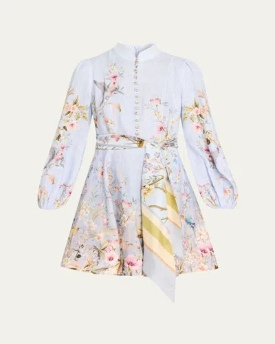 Zimmermann Rebellion Multicolor Midi Dress With Bow Detail On The Front And All-over Floral Print In Linen Woma In Blue