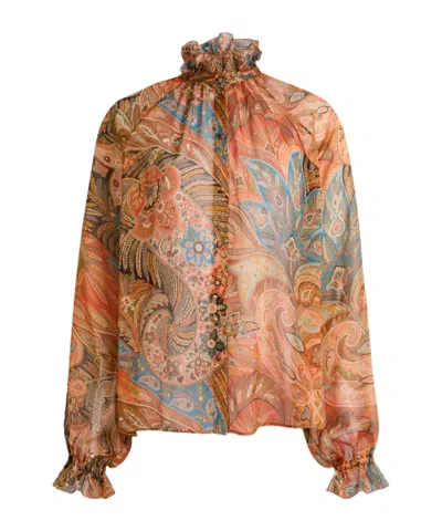 Etro Sheer Chiffon Shirt Paisley Ruffle Neckline In Orange