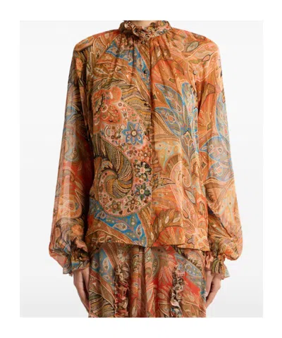 Etro Sheer Chiffon Shirt Paisley Ruffle Neckline In Orange