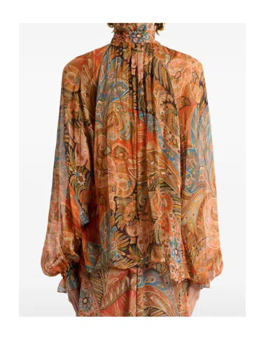 Etro Sheer Chiffon Shirt Paisley Ruffle Neckline In Orange