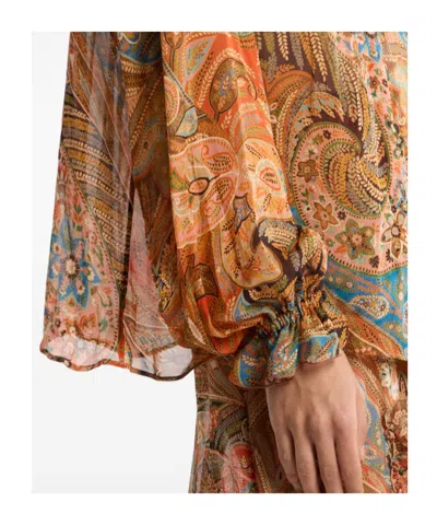 Etro Sheer Chiffon Shirt Paisley Ruffle Neckline In Orange