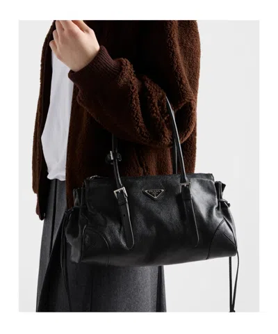 Prada Karin Medium Antiqued Leather Tote Bag In Black