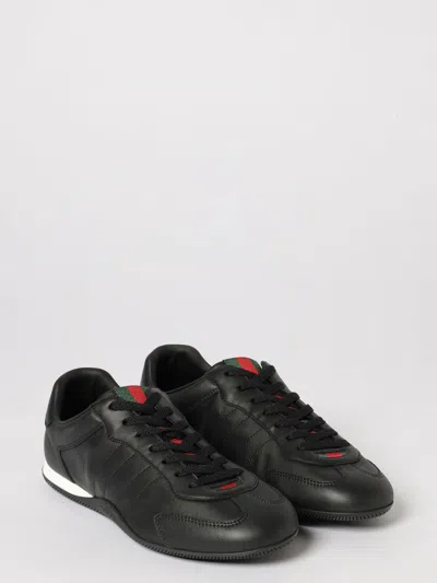 Gucci Men Black Low Top Sneakers With Web Tongue In Leather Man In Black