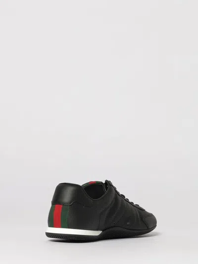 Gucci Men Black Low Top Sneakers With Web Tongue In Leather Man In Black