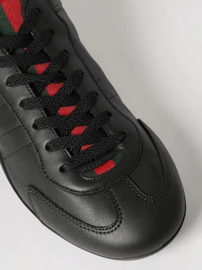 Gucci Men Black Low Top Sneakers With Web Tongue In Leather Man In Black