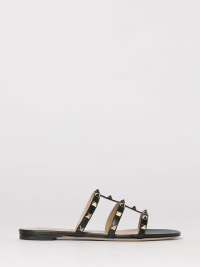 Valentino Rockstud Slide Sandal In Laminated Nappa With Cabochon In Black
