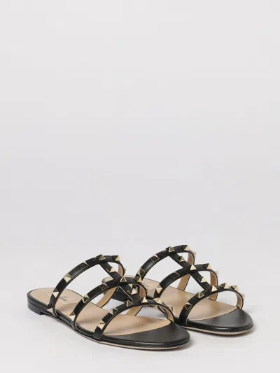 Valentino Rockstud Slide Sandal In Laminated Nappa With Cabochon In Black