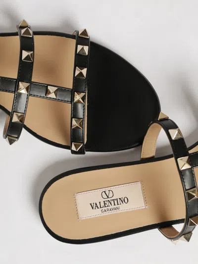Valentino Rockstud Slide Sandal In Laminated Nappa With Cabochon In Black
