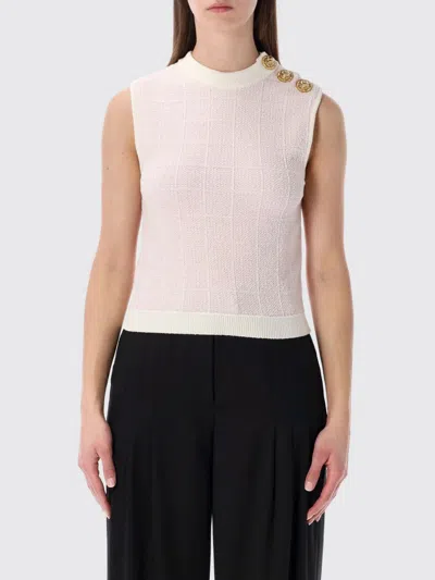 Balmain Knit Top Button Detail Sleeveless Round Neck In Pink
