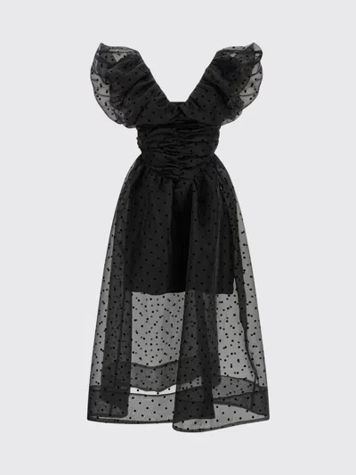 Ganni Ruched Flocked Polka-dot Recycled Organza Midi Dress In Black