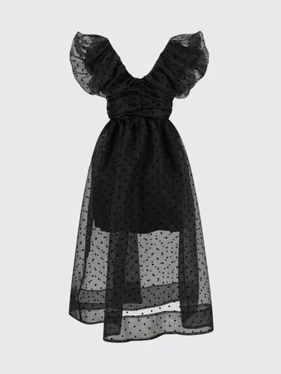 Ganni Ruched Flocked Polka-dot Recycled Organza Midi Dress In Black
