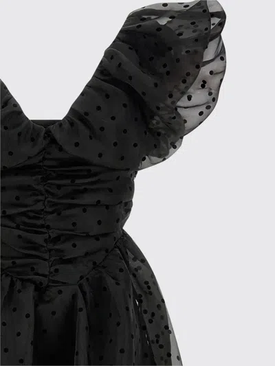 Ganni Ruched Flocked Polka-dot Recycled Organza Midi Dress In Black