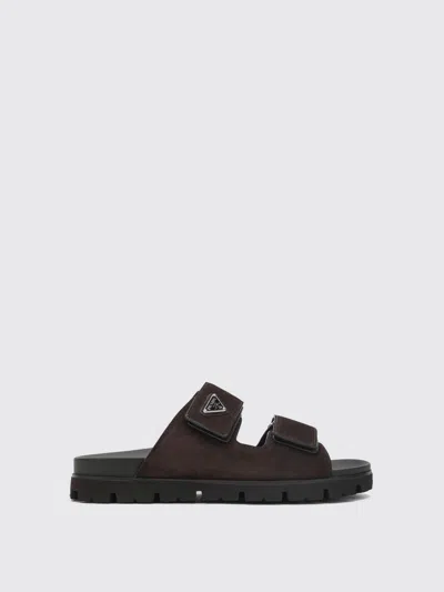 Prada Double Strap Open Toe Leather Sandals In Brown