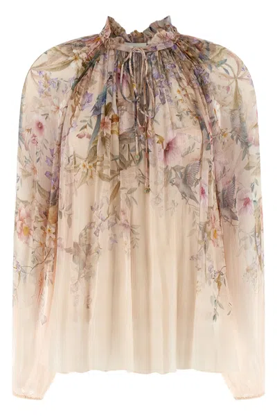 Zimmermann 'rebellion' Multicolor Blouse With Bow Detail On The Front And All-over Floral Motif In Viscose Woma