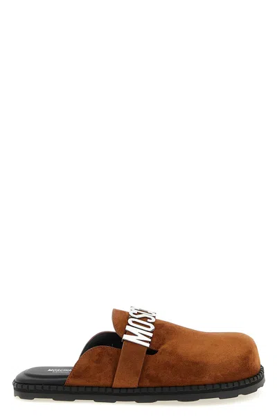 Moschino Suede Open Toe Flat Sole Slides In Brown