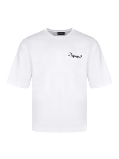 Dsquared2 Men White T-shirt With Embroidered Logo On The Chest In Cotton Man In White