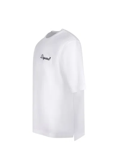 Dsquared2 Men White T-shirt With Embroidered Logo On The Chest In Cotton Man In White