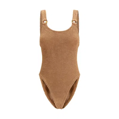 Hunza G Domino Seersucker-weave Swimsuit In Metallic Cocoa