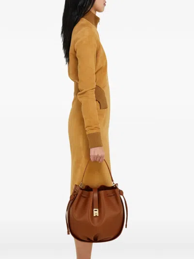 Ferragamo Hug Buckle Leather Bucket Bag In Brown