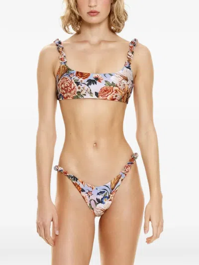 Agua Bendita Adele Ruffled Floral-print Bikini Bottom In Purple