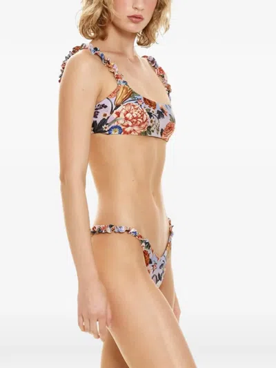 Agua Bendita Adele Ruffled Floral-print Bikini Bottom In Purple