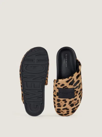 Givenchy Label Flat Mules In Pony Effect Leather With Leopard Pattern In Animal Print