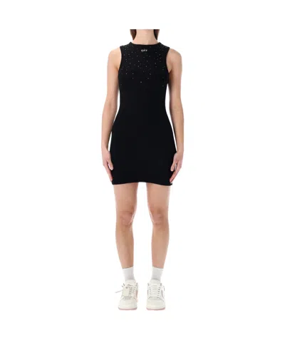 Off-white Ribbed Swarovski Crystal Slim Mini Dress In Black