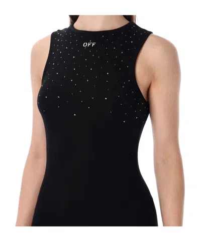 Off-white Ribbed Swarovski Crystal Slim Mini Dress In Black