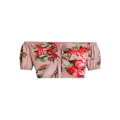 Dolce & Gabbana Pink Crop Top With Floral Print And Double Knot In Cotton Woman In Multi