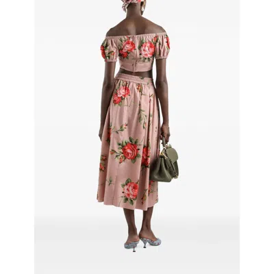 Dolce & Gabbana Pink Crop Top With Floral Print And Double Knot In Cotton Woman In Multi