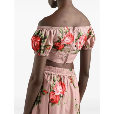 Dolce & Gabbana Pink Crop Top With Floral Print And Double Knot In Cotton Woman In Multi