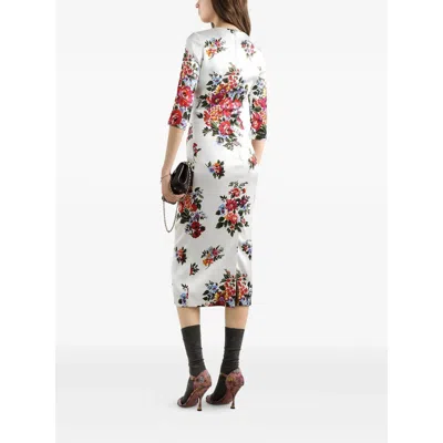 Dolce & Gabbana Mazzo Di Fiori Midi Dress Long Sleeves In Neutral