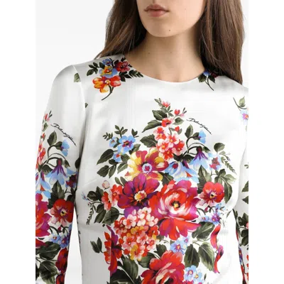 Dolce & Gabbana Mazzo Di Fiori Midi Dress Long Sleeves In Neutral