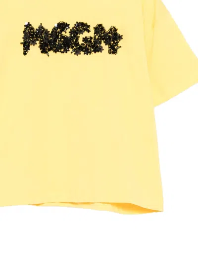 Msgm Sequin-logo T-shirt In Yellow